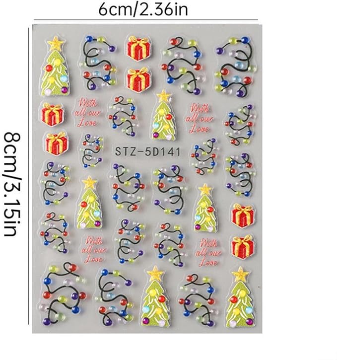 Christmas Nail Art Stickers 5D Embossed Colorful Light Nail Decals 2PCS Xmas Tree String Light Gift Box Self-Adhesive Xmas Nails Design Nail Art Supplies Stickers for Women Manicure Decorations