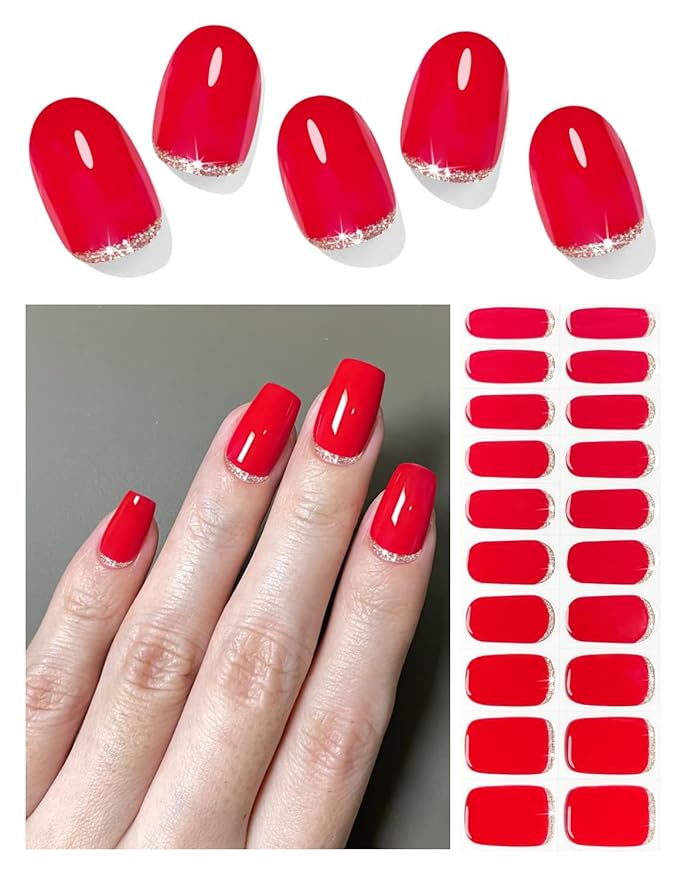 Semi Cured Gel Nail Strips, 20pcs UV Nail Wraps for Home Nails DIY (Red Glitter)