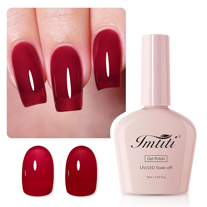 Imtiti Jelly Gel Nail Polish, Dark Red Sheer Jelly Nail Gel Polish Autumn Winter Translucent Art Manicure Soak Off UV LED Salon DIY Design 10ML