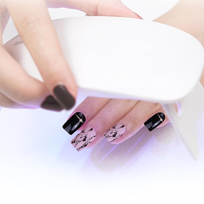 WOKOTO Semi Cured Gel Nail Strips (Black Glitzy)-16 Pcs Gel Nail Stickers | Gel Nail Wraps | UV Light Required, Salon Quality & Easy to Use, Real Nail Polish Strips Stick On Nails with Nail File