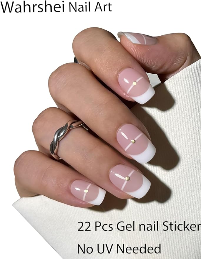 Gel Nail Strips No UV, French, UV Free, Long Lasting Gel Stickers - Contains 22 Wraps, 1 Prep Pad, 1 File