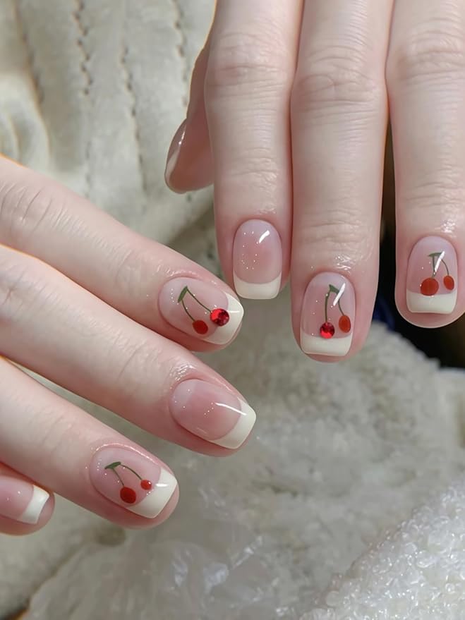 SoftSoul Cherry Nail Stickers, 5D Embossed Rhinestones - Premium Salon-Quality, Easy Application, Self-Adhesive French Tip Red Cherries for DIY Manicure Nail Art