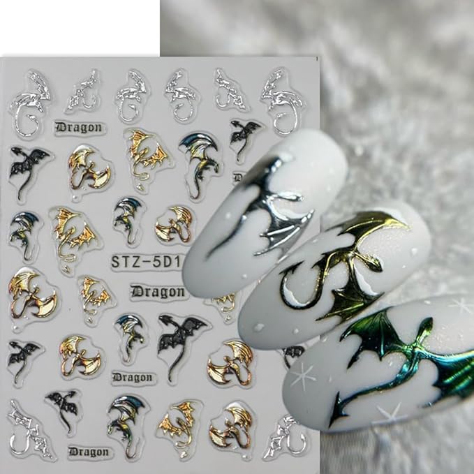 Halloween Nail Stickers 5D Metallic Dragon Snowflake Nail Art Stickers 2PCS Laser Silver Gold Bronzing 3D Fly Theme Design Self-Adhesive Winter Nail Decals Accessories for Holiday Nail Art Decorations