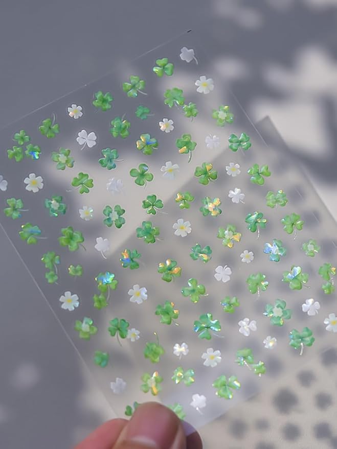 Clover Nail Stickers 5D Embossed – Premium Salon-Quality Nail Charm Accessories, Easy Application & Self-Adhesive Spring Green Lucky Four Leaf for DIY Manicure, Nail Art, Press on, Home or Salon Use