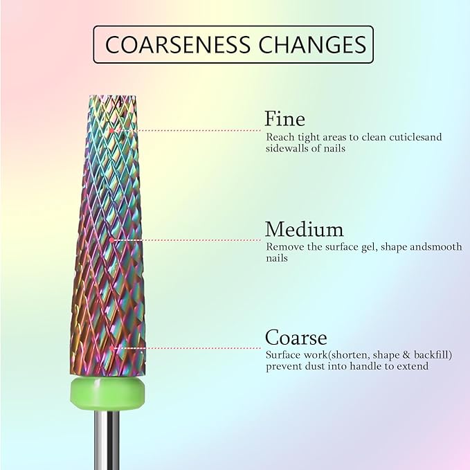 Super Long 5 in 1 Nail Drill Bits,Two Way Rotary Nail Cleaner Carbide Tungsten Nail Bits, Suitable for Manicure Pedicure Cuticle Gel Polishing Acrylic Hard Gels(Rainbow, Coarse-C)