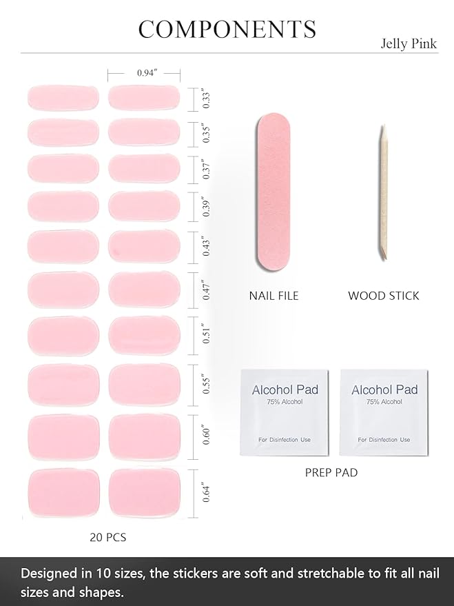 Semi Cured Gel Nail Strips (Jelly Pink), Clear, Sheer, 20 Pcs Gel Nail Wraps, Stickers, UV Light Required, Salon Quality, Long Lasting