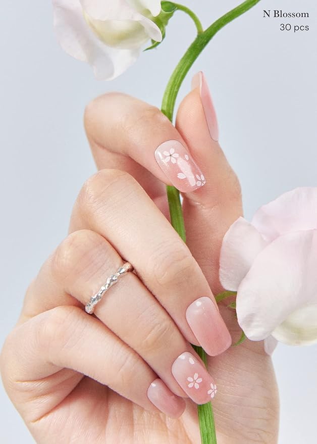 ohora Semi Cured Gel Nail Strips (N Blossom) - Nude, Ombre, Works with Any UV/LED Lamps, Salon-Quality, Long Lasting, Easy to Apply & Remove - Includes 2 Prep Pads, Nail File & Wooden Stick