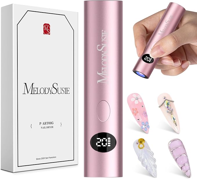 MelodySusie Handheld UV Light, ART01G Mini Portable Cordless Nail Lamp with LCD Display, Optical Lens, Acetone Resistant Case, Flash Cure for Rhinestone Glue, Pink