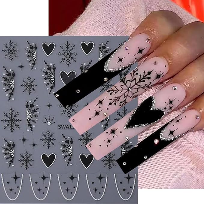 Christmas Nail Art Stickers Decals Snowflake Nail Decals 6PCS White Black Snowflake Gold French Stripe Tips Heart 3D Self-Adhesive Christmas Nail Stickers for Women Holiday DIY Nail Art Decorations