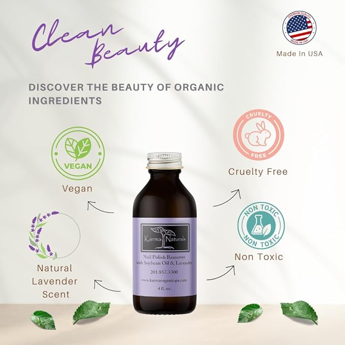 Karma Organic Nail Polish Remover with Soybean Oil and Lavender Oil- Non Toxic, Vegan, Cruelty Free, Acetone Free – Nails Strengthener for Fingernails – 4 fl. Oz