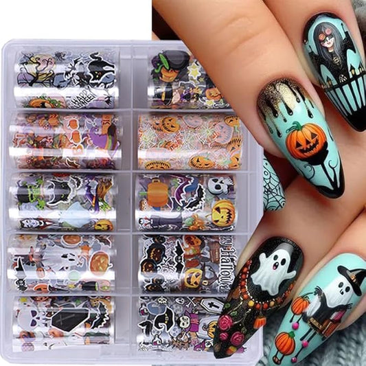 ONPRESS 10 Rolls Halloween Transfer Stickers Pumpkin Spider Vampires Devil Designs Nail Foil Set Fall Black Cat Tombstone Bat Nail Decals for DIY Nail Decoration DIY Adhesive Transfer Wraps Paper