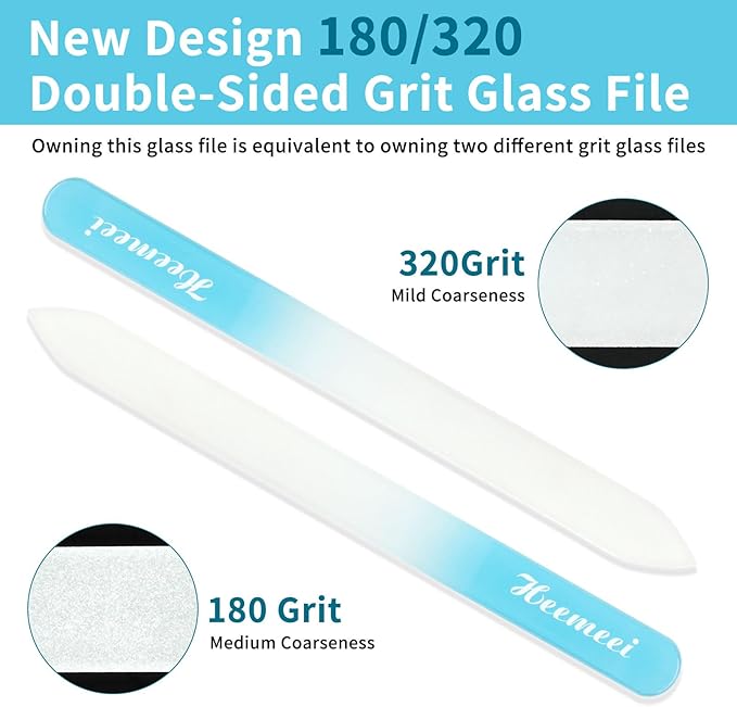 Glass Nail Files - Double Sided 180/320 Grit with Case, Ideal for Natural Nails - Blue