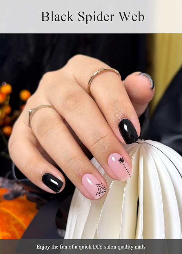 Semi Cured Gel Nail Strips (Black Spider Web), Halloween, 20 Pcs Gel Nail Wraps, Stickers, Salon Quality, Long Lasting, Works with Any Lamps