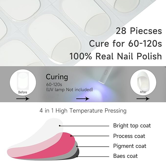 Semi Cured Gel Nail Strips, Classic French | 28 pcs Gel Nail Strips Work with Any UV Lamp, Salon Quality UV Nails Stickers, Easy to Apply for Home Nails DIY