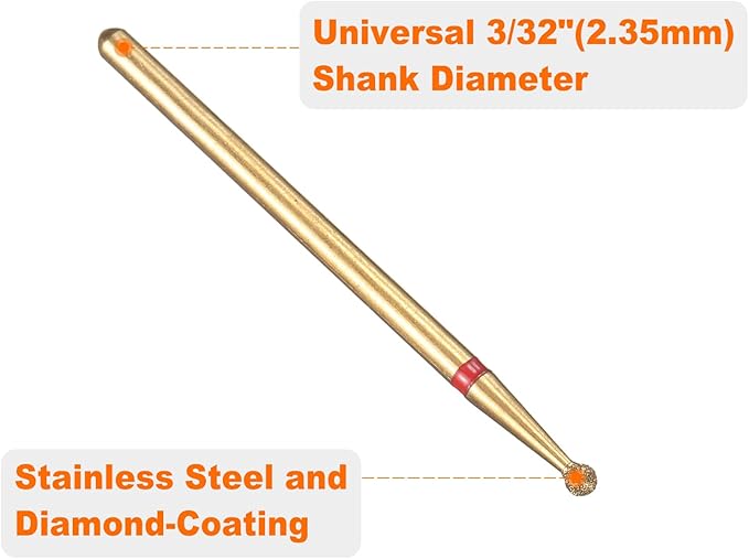 HARFINGTON 6pcs 200-230 Grits Diamond Grinding Bit 2mm Ball Head 2.35mm Shank 2mm Length Titanium Plated Stone Sanding Drill Bits Rotary Tool for Nails Grinding Polishing