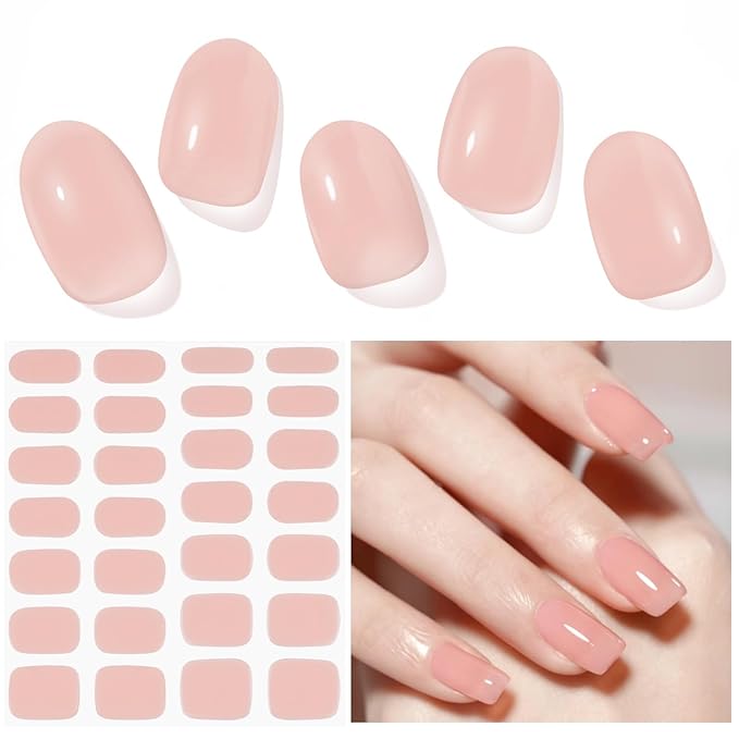 Semi Cured Gel Nail Strips, Sakura Powder | 28 pcs Gel Nail Strips Work with Any UV Lamp, Salon Quality UV Nails Stickers, Easy to Apply for Home Nails DIY