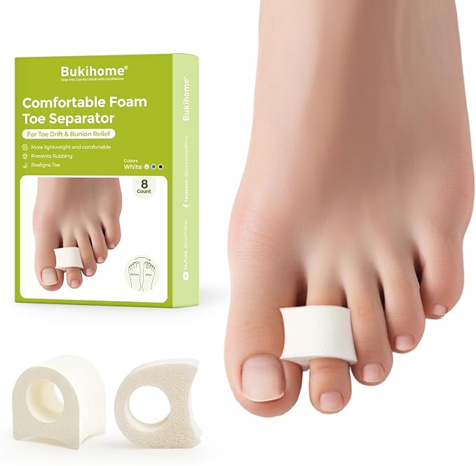 Bukihome Toe Separator for Overlapping Toes - Foams Toe Spacers for Bunions - Toe Corrector for Hammer Toes, Realign Crooked Toes - Preventing Rubbing Relieve Pressure - 2 Size, White