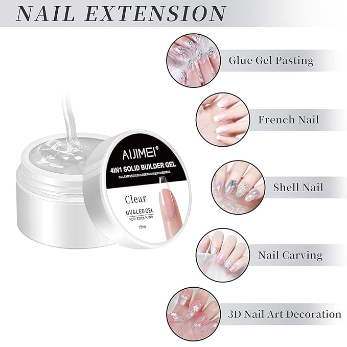 4.AIJIMEI 4in1 Nail Extension Builder Gel Solid Builder Nail Gel Extension Set for Beginners Nail Art DIY at Home Set Clear&White Non Stick to Hands (2)