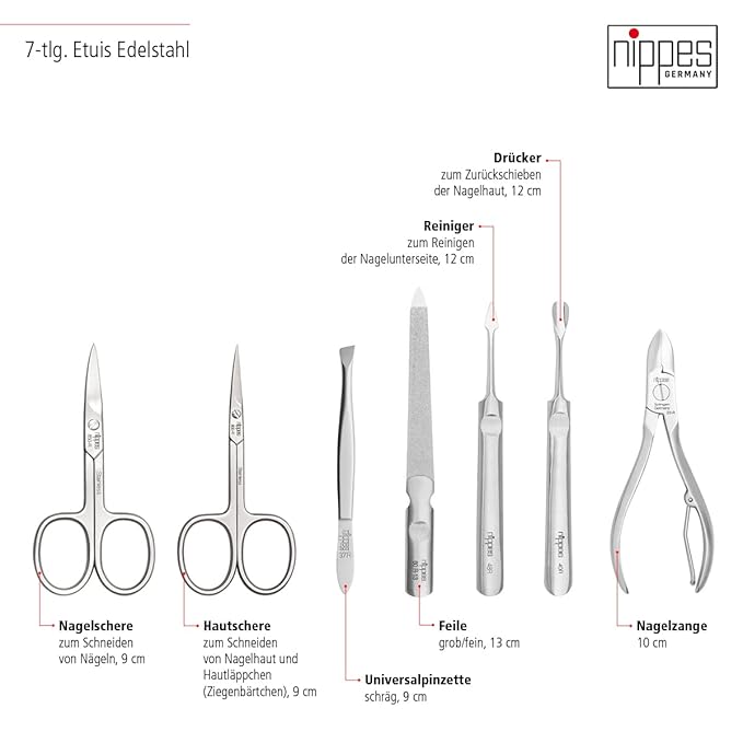 Nippes Solingen Manicure Set, 7-Piece, Stainless Steel, Nickel-Free, Genuine Brown Cowhide Leather Case Made In Solingen Germany