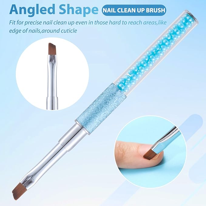 Pearl Blue Nail Art Clean Up Brushes for Cleaning Polish Mistakes on the Cuticles, Acetone Resistant Nail Brush, Fingernail Cleaning Brushes for Nail Art and Designs (Round&flat&Bevel)