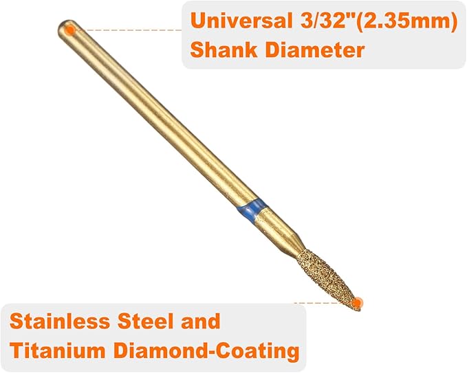 HARFINGTON 8pcs 120-140 Grits Diamond Grinding Bit 2.1mm Oval Head 2.35mm Shank 8mm Length Titanium Plated Stone Sanding Drill Bits Rotary Tool for Nails Grinding Polishing