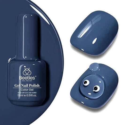 Beetles Blue Gel Nail Polish, 1Pcs 15ML In the Grayish Navy Blue Color Gel Polish Soak Off Nail Art Manicure Salon DIY Uv Nail Lamp Design Decoration at Home