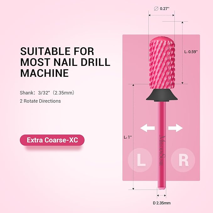 MelodySusie Safety Nail Drill Bits, 3/32'' Smooth Round Top Large Barrel Carbide Bits, Suitable for Manicure Pedicure Cuticle Gel Polishing, Beginners Bits, Pink Blossom, Series Bit-S, XC
