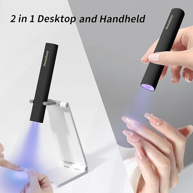 UV Light for Gel Nails, Denabuty Mini U V LED Nail Lamp Handheld with Stand, Portable Nail Dryer Rechargeable USB Cordless, Nail Light with 2 Timers for Fast Drying, Black