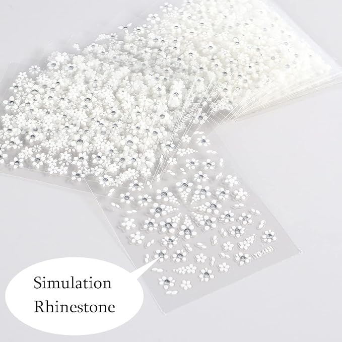 30Sheets Floral Nail Art Stickers Decals 3D Self Adhesive White Flower Designs Nails Supplies White Flower Stickers with Rhinestones Nail Decorations for Women Manicure Transfer Tool Nails Wraps