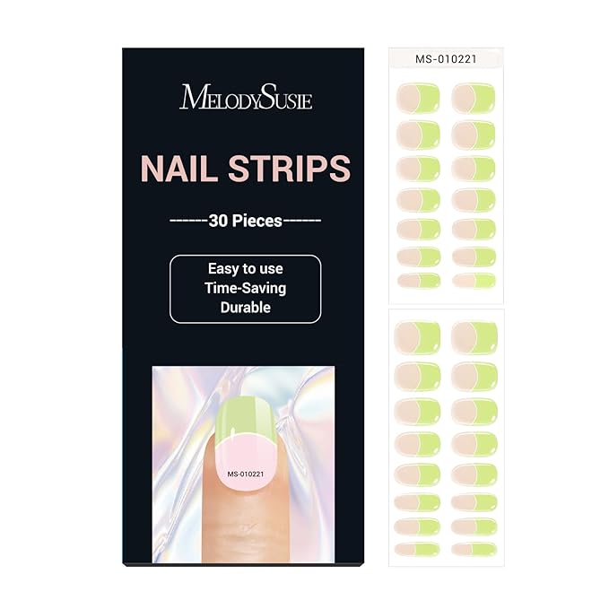 MelodySusie 30PCS Semi Cured Gel Nail Strips (Pastel Green French Tips), Works with Nail lamp, Salon Quality, Long Lasting, Easy to Apply and Remove, Includes 2 Prep Pads, Nail File and Wooden Stick