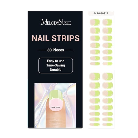MelodySusie 30PCS Semi Cured Gel Nail Strips (Pastel Green French Tips), Works with Nail lamp, Salon Quality, Long Lasting, Easy to Apply and Remove, Includes 2 Prep Pads, Nail File and Wooden Stick