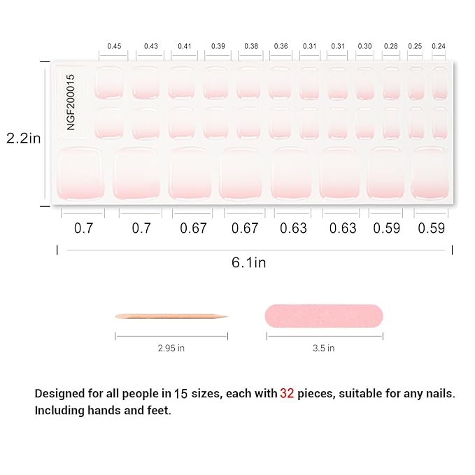 Semi Cured Gel Toenail Strips, 32 Cream Pink Gel Toenail Stickers - Works with Any UV Lamps Pedicure Strips Full Nail Wraps with Nail File & Wood Stick