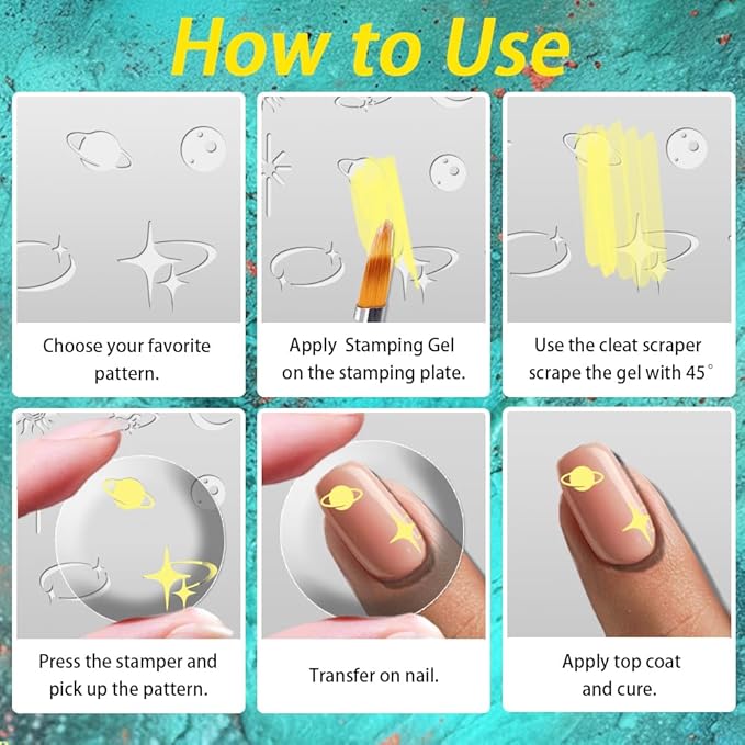 3Pcs Fantasy Stars Nail Stamping Plate Planets Sun Moon Nail Art Stamp Templates Stainless Steel Reusable Tools with Stamper Scraper for Manicure Printing