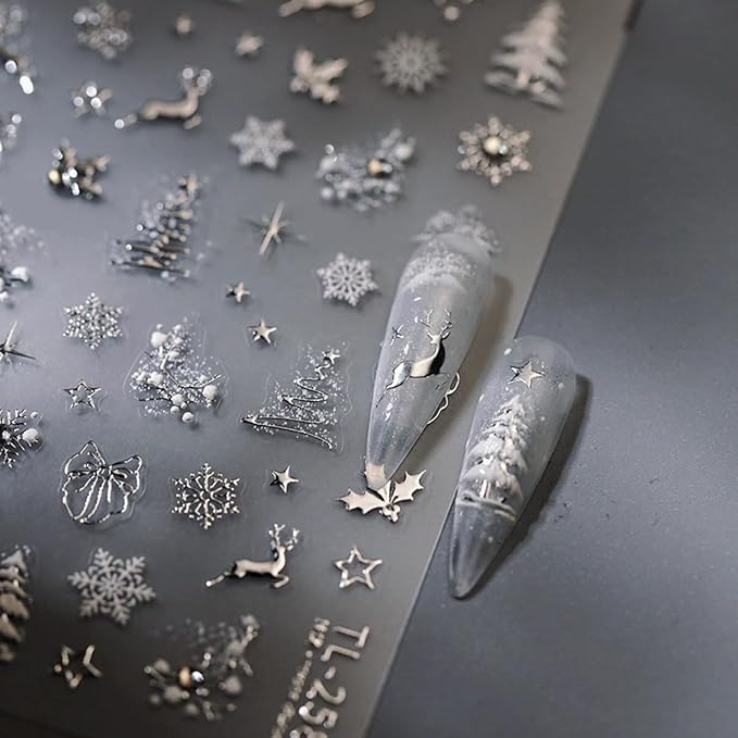 Christmas Nail Art Stickers 5D Embossed Christmas Nail Decals with Rhinestone 1PCS Silver Deer Xmas Tree Snowflake Xmas Nails Design Manicure Sticker Accessories for Women Holiday DIY Nail Decorations