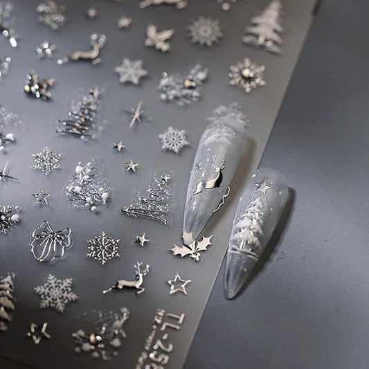 Christmas Nail Art Stickers 5D Embossed Christmas Nail Decals with Rhinestone 1PCS Silver Deer Xmas Tree Snowflake Xmas Nails Design Manicure Sticker Accessories for Women Holiday DIY Nail Decorations
