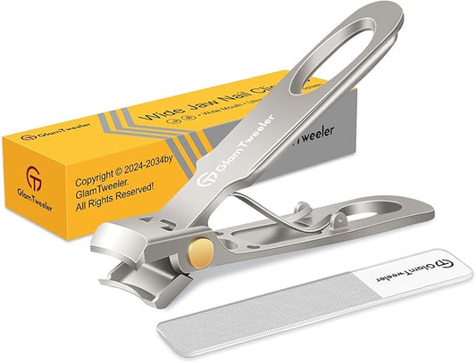 Anti-Splash Wide Jaw Opening Nail Clippers - GlamTweeler Ultra Sharp Extra Large Wide Opening Fingernail and Toenail Clipper with Glass Nail File (Champagne_Curved)