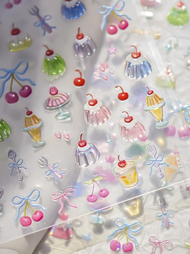 Sweet Desserts Nail Stickers 5D Embossed – Premium Salon-Quality Nail Charm Accessories, Easy Application & Self-Adhesive Cherry Cake Bowknot for DIY Manicure, Nail Art, Press on, Home or Salon Use
