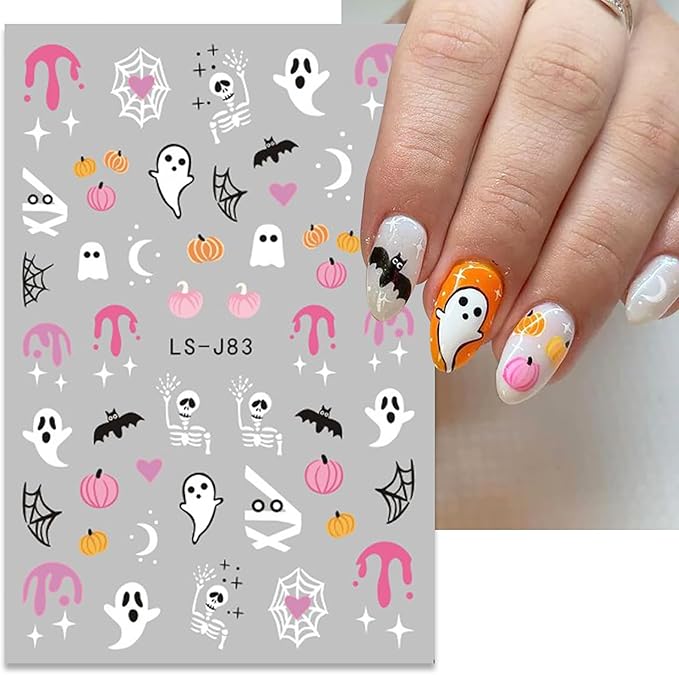6 Pcs Halloween Nail Art Stickers,3D Self-Adhesive Nail Decals Ghost Cute Pumpkin Bat Cat and Skull Designs Nail Decorations Halloween DIY Manicure Supplies for Women Girls
