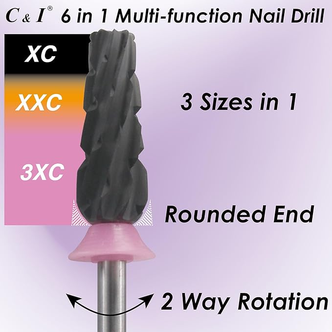 C & I Nail Drill Bit 6 in 1 Multi-function Rounded End E-file, Diamond Coat, CNC Overall Cut Nail Tools for Nail Techs Quick Remove Acrylic Nail Gels & Nail Art (Special Coat, Triple Coarse -3XC)