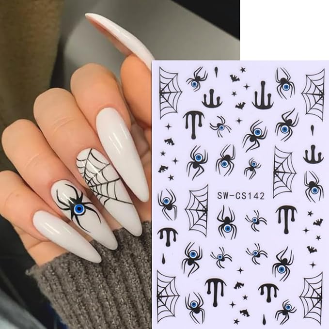 Halloween Nail Stickers Self-Adhesive Cute Spider Web and Spider Designs Nail Art Supplies Spiders Nail Decals Holiday Salon Manicure Decoration for Women DIY Nails Supplies