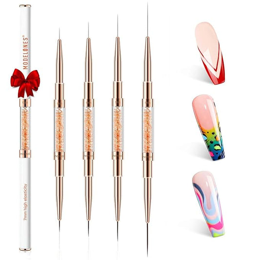 modelones Nail Art Brushes, Super Fine Liner Nail Brush Kit Dual-ended 7/11/15/20mm for Gel Polish Thin Lines, Precise Details, Fine Drawing Painting Design Acrylic Rhinestone Handle Salon & DIY Use