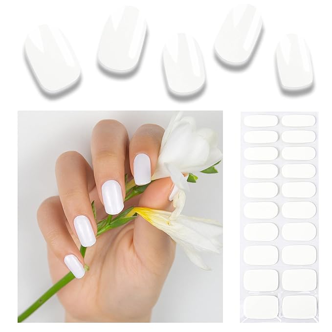 20pcs Semi Cured Gel Nail Strips, Real Nail Polish Art Stickers, Pure White Gel Nail Stickers - Work with Any UV Lamp, Long Lasting Full Wraps with Nails File and Stick