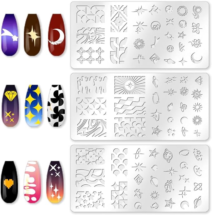 3Pcs Fantasy Stars Nail Stamping Plate Planets Sun Moon Nail Art Stamp Templates Stainless Steel Reusable Tools with Stamper Scraper for Manicure Printing