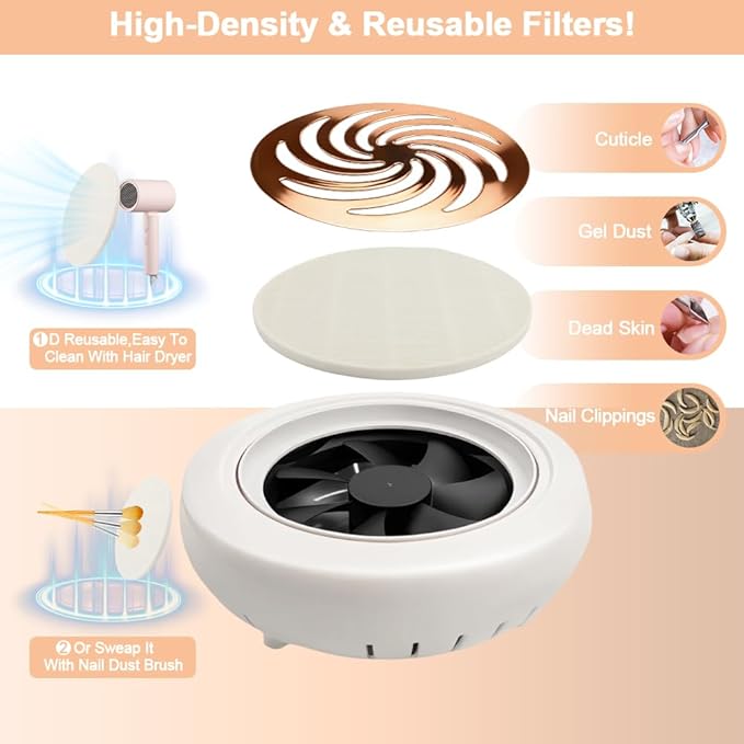 Nail Dust Collector with Cleaner Brush, Compact Nail Dust Collector for Beginner, Vacuum Nail Fan Dust Collector with Reusable Filter for Acrylic Nail Polishing, Salon, Home, Training Classes