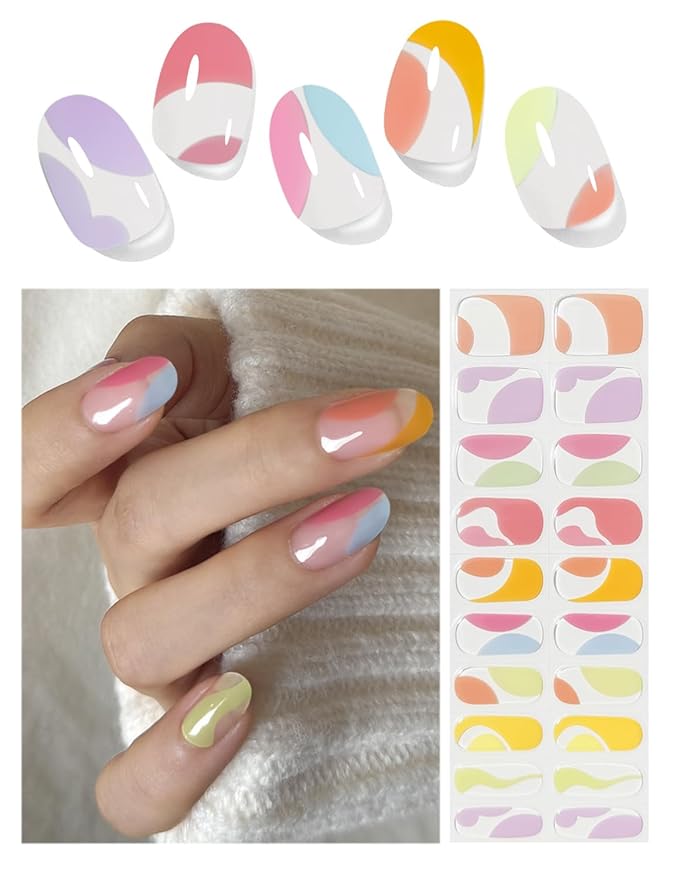 Semi Cured Gel Nail Strips, 20pcs Colorful French Lump Gel Nail Stickers Work with UV, Gel Nail Wrapsfor Home Nail Art DIY, Easy to Use and Remove