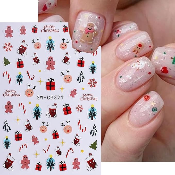 Christmas Nail Art Stickers 3D Self-Adhesive Cute Elk Gift Xmas Nail Decals Nail Art Supplies 6PCS Deer Candy Cane Gingerbread Man Cartoon Christmas Nails Design Manicure Slider Accessories for Women