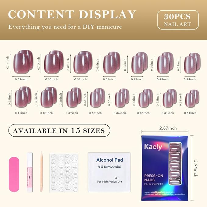 evpct Pale Mauve Cat Eye Short Press on Nails Square, Glue on Nails Short Square for Women Gift, Mauve Metallic Glitter Glossy nails press ons, Reusable Stick Press on Acrylic Fake Nail with Designs
