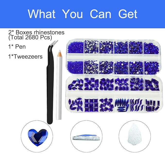 2680Pcs Royal Blue Nail Rhinestones Gems, 120pcs Multishapes Navy Blue Glass Big Nails Gem Stones with Bling Flatback Round Beads, Clear Diamond Rhinestone for DIY Face Eyes Makeup Crafts Decoration