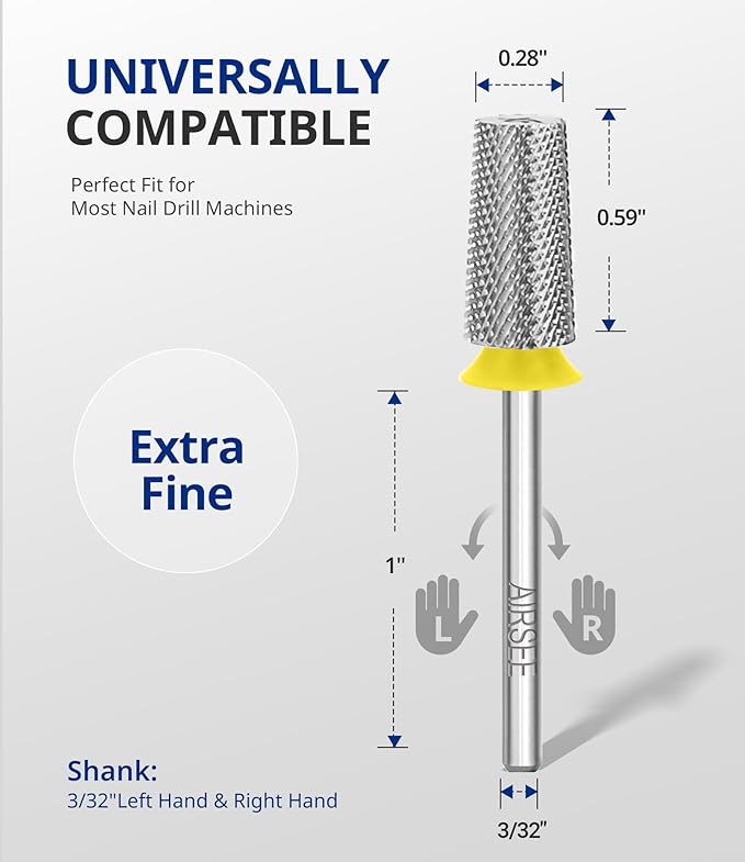 AIRSEE Tungsten Carbide Acrylic Nail Drill Bit Efile Electric File Machine Head Tip for Manicure Polishing Art Remove Gel 3/32" 2 Way Professional Tech Flat Top Tapered Barrel Extra Fine-XF