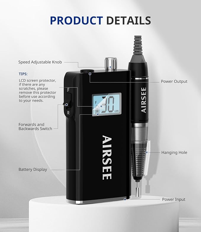 AIRSEE Rechargeable 30000RPM Electric Nail Drill Professional Portable E File Machine for Acrylic Nail Natural Extension Gel Nails Polish Cuticle, Cordless High Speed for Salon Home Use E8 Black